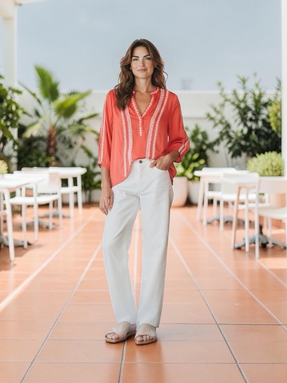 Anthropologie Solitaire Boho Coral Orange  Embroidered V-Neck Tunic Med